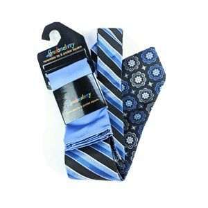 Londonderry Tie Mens Reversible & pocket square Blue Stripe & Navy Floral  Nwt